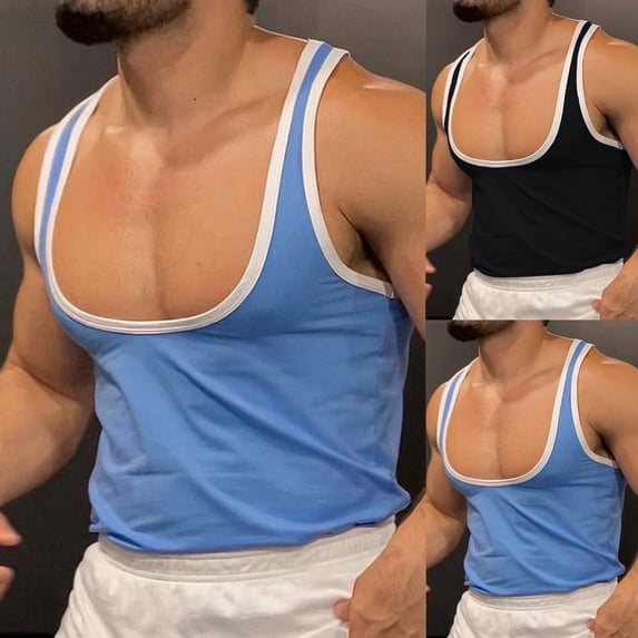Mens Cotton Square Neck Tank Tops Casual Sleeveless Slim Fit Shirts Summer Beach Workout Muscle Gym Tee Size 2XL Blue