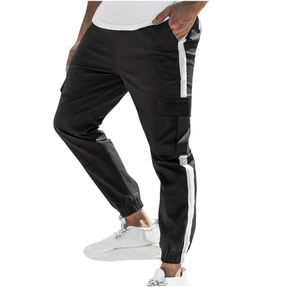 Mens Cotton Summer Fall Sweatpants Patchwork Ankle Cargo Pants Elastic Waist Drawstring Cinched Cuffs Trousers with Pockets