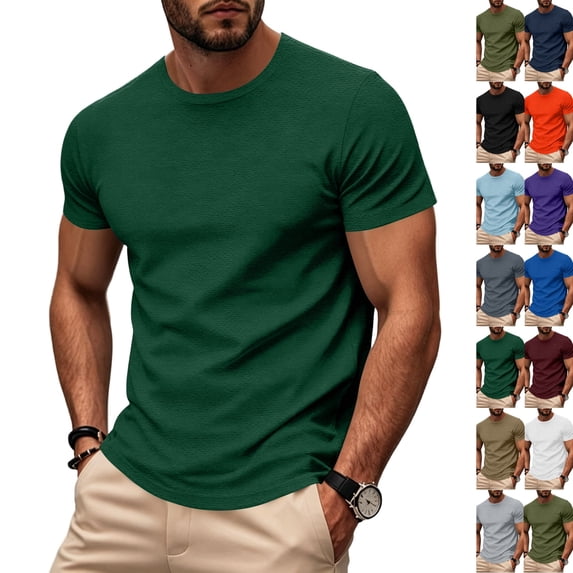 Mens Cotton T-Shirt Stretch Slim Short Sleeve Crew Neck Basic Tee Lightweight Plain Shirt Moisture Wicking Undershirt Green S