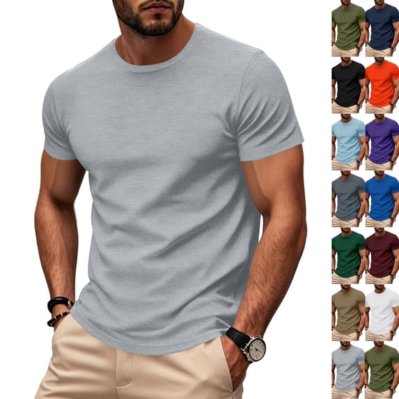 Mens Cotton T-Shirt Stretch Slim Short Sleeve Crew Neck Basic Tee Lightweight Plain Shirt Moisture Wicking Undershirt Light Gray M
