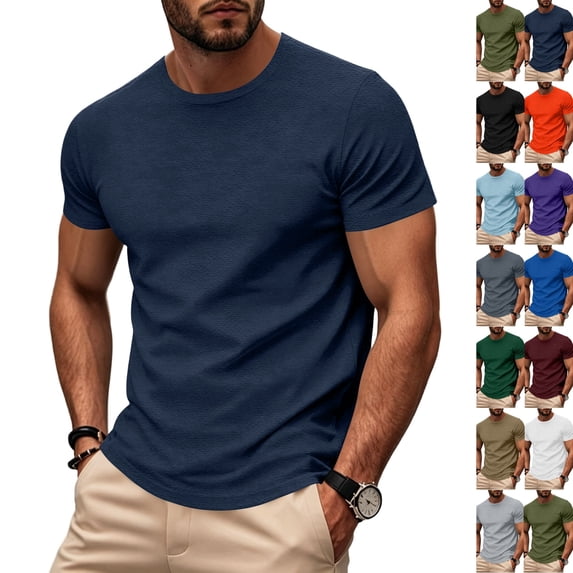 Mens Cotton T-Shirt Stretch Slim Short Sleeve Crew Neck Basic Tee Lightweight Plain Shirt Moisture Wicking Undershirt Navy S