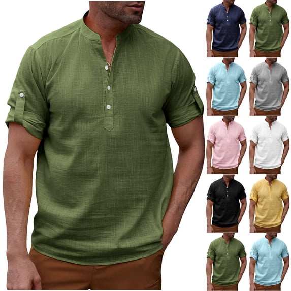 Mens Cotton T-Shirts Fashion Casual Solid Stand-up Collar Button Shirt Tops Army Green XXL