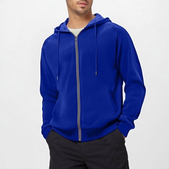 Mens Cotton Zip Up Hoodie Long Sleeve Drawstring Casual Hooded Sweatshirt Sports Full Zipper Jacket with Pockets (2XL, Blue)