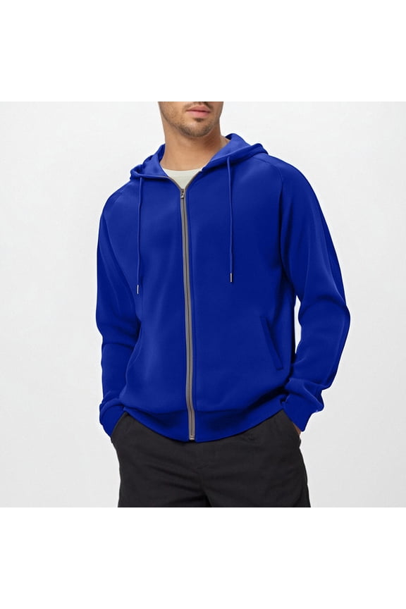 Mens Cotton Zip Up Hoodie Long Sleeve Drawstring Casual Hooded Sweatshirt Sports Full Zipper Jacket with Pockets (2XL, Blue)