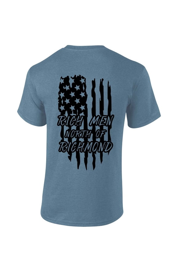 Mens Country Music Tshirt Rich Men North Of Richmond Tattered American Flag Short Sleeve T-shirt-Heather Indigo-5xl