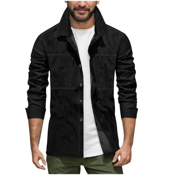 Mens Cowboy Denim Shirt - Western Cargo Jean Shirt Workwear with Long Sleeve Black L