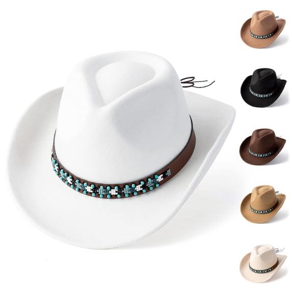 Mens Cowboy Hat - Western Cowboy Hat For Men And Women Stylish Wide Brim Hat With Beaded Band Classic Hat For Outdoor Country Fashion,Rose Gold,One Size