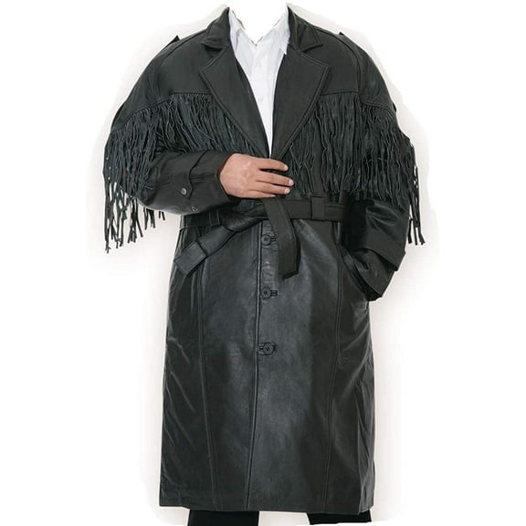 Mens Cowboy Western Leather Long Jacket Fringe