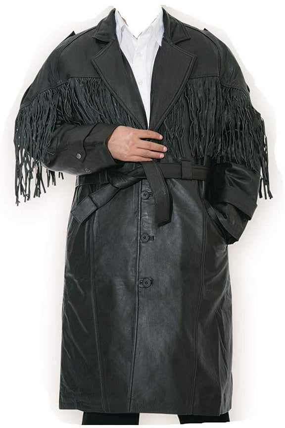 Mens Cowboy Western Leather Long Jacket Fringe