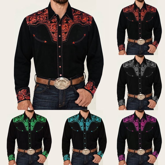 Mens Cowboy Western Shirt Embroidered Long Sleeve Button Down Shirts Casual Party Tops Sky Blue XL