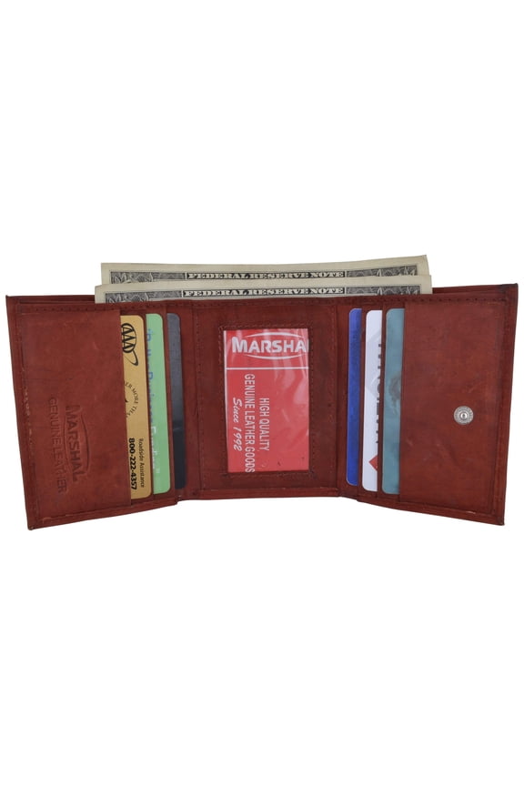Mens Cowhide Leather ID Card Holder Trifold Wallet with Coin Pouch 2055 CF
