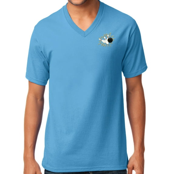 Mens Crashing Bowling Pins V-neck Tee Shirt, Medium Aqua Blue