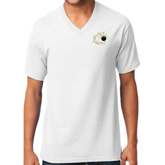 Mens Crashing Bowling Pins V-neck Tee Shirt, XL White