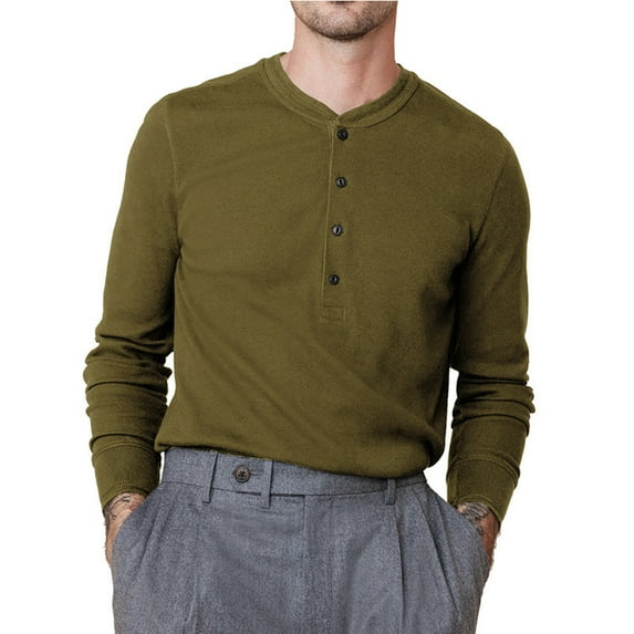 Mens Crew Neck Long Sleeve Shirt Button Knitted Pullover Top for Men Fall Solid Color Basic Sweater Blouses (Army Green L)