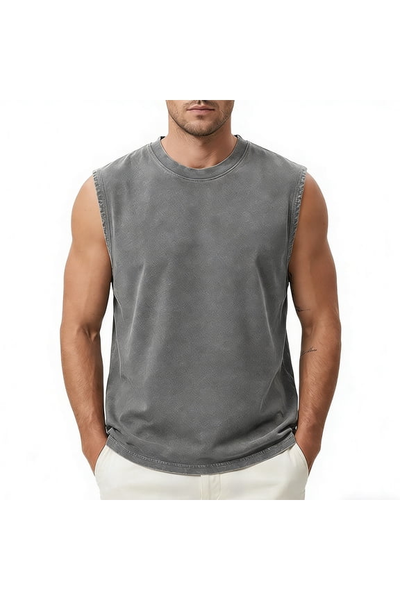 Mens Crew Neck Pullover Muscle Shirt Sleeveless Solid Color Athletic Sports Training Tee Fathers Gift