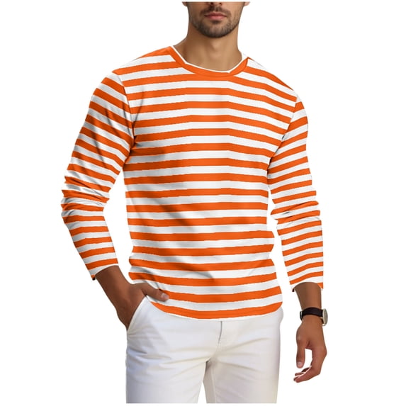 Mens Crew Neck Pullover Tops Long Sleeve Stripes T Shirts Spring Fall Casual Loose Versatile Basic Tees (XL, Orange)
