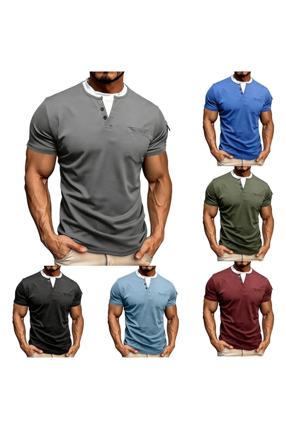 Mens Crew Neck Short Sleeve T-Shirts Fashion Fake Two-piece Double-layer Round Neck Pullover Pocket Casual Top Black XXXL