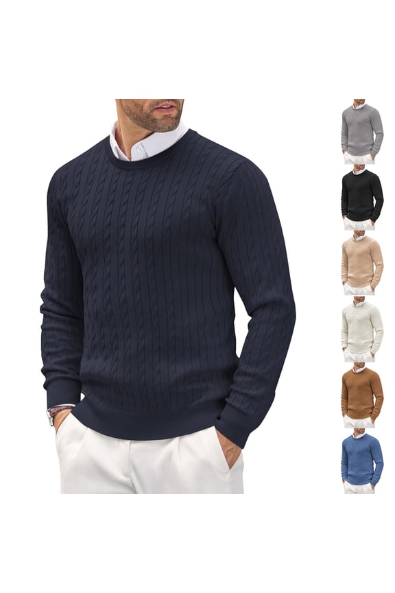 Mens Crew Neck Sweater Polyester Cable Knit Pullover Top Long Sleeve Cable Knit Texture Casual Business Fall Winter Knitwear Navy L
