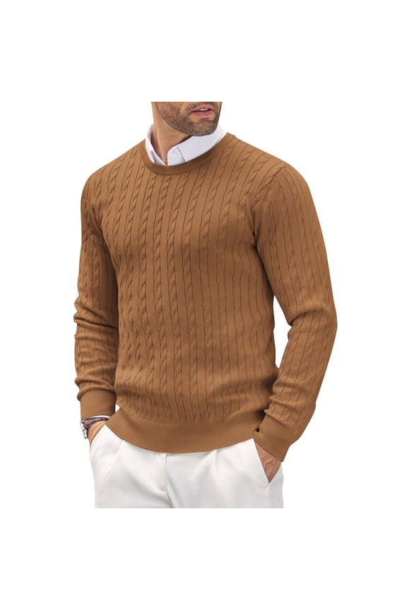 Mens Crew Neck Sweater Pullover Polyester Cable Knit Long Sleeve Knitwear Casual Classic Style Brown 3XL