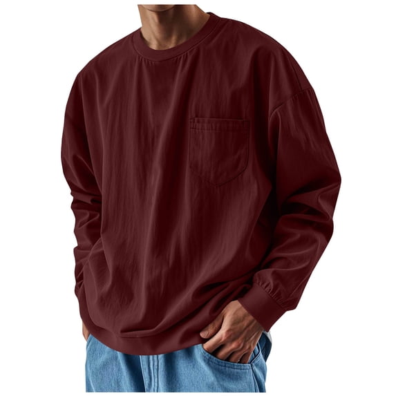 Mens Crew Neck Sweatshirts Solid Color Long Sleeve Pullover With Flat Pockets Casual Lightweight Sports Tops Loose Fit (L, Khaki)