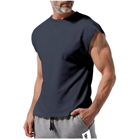 Mens Crew Neck Tank Tops Cotton Sleeveless Big and Tall Muscle Cut off Shirts Gym Workout Tee Size 3XL Navy