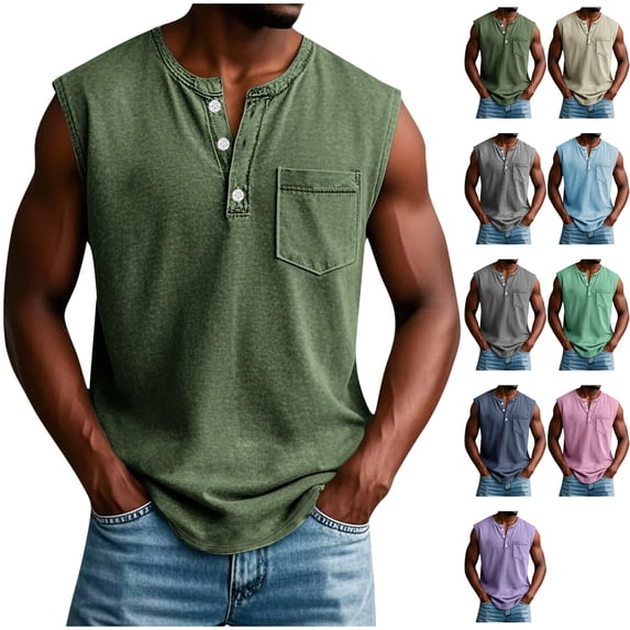 Mens Crew Neck Workout Tank Tops Casual Basic Sleeveless T-Shirts Summer Outdoor Training Muscle Tops with Pocket