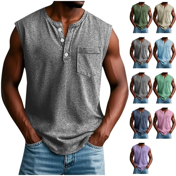 Mens Crew Neck Workout Tank Tops Casual Basic Sleeveless T-Shirts Summer Outdoor Training Muscle Tops with Pocket