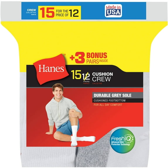 Mens Crew Socks, 12 + 3 Bonus Pack