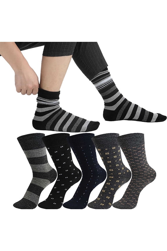 Mens Crew Socks 5-Pack, Breathable Polyester Multipack with Striped Geometric Checkered Patterns, One Size Fits Most 7-12, Black/Gray/Navy Casual Everyday Socks,Size Free Size