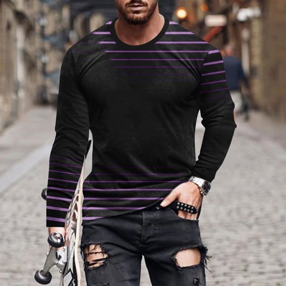 Mens Crewneck Long Sleeve T-Shirts Big & Tall Plus Size Stretchy Slim Pullover Tees Tops Casual Stripe Printed Basic Comfort T-Shirts S-5X