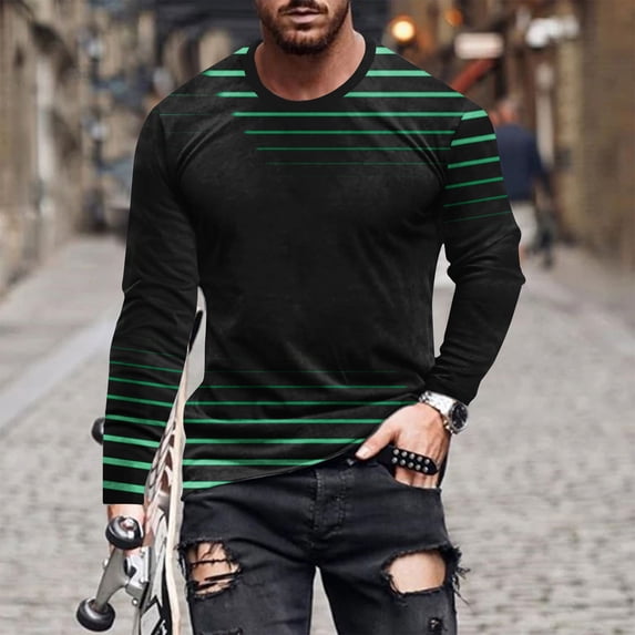 Mens Crewneck Long Sleeve T-Shirts Big & Tall Plus Size Stretchy Slim Pullover Tees Tops Casual Stripe Printed Basic Comfort T-Shirts S-5X