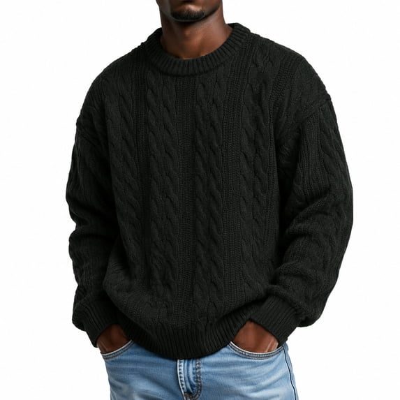 Mens Crewneck Pullover Sweater Long Sleeve Cable Knit Oversized Top Classic Cozy Soft Warm Fall Winter Comfy Blouse Black XL