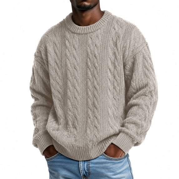 Mens Crewneck Pullover Sweater Long Sleeve Cable Knit Oversized Top Classic Cozy Soft Warm Fall Winter Comfy Blouse Khaki XL