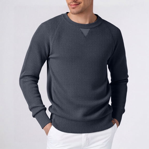 Mens Crewneck Sweater Waffle Knitted Pullover Sweaters (Dark Gray M)