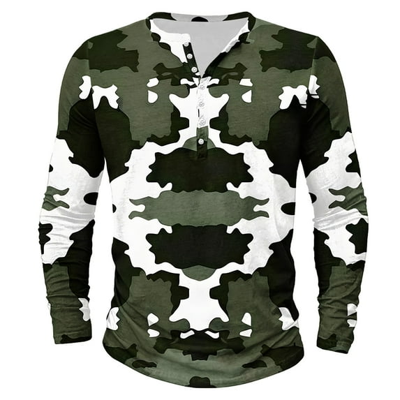 Mens Crewneck Sweatshirt Camouflage Printing Plus Size Button Long Sleeve Casual Blouse Shirts