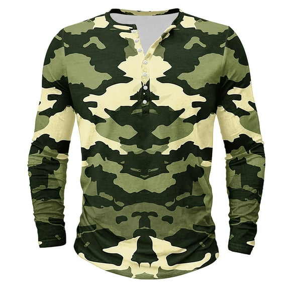 Mens Crewneck Sweatshirt Camouflage Printing Plus Size Button Long Sleeve Casual Blouse Shirts