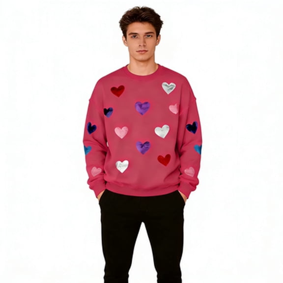 Mens Crewneck Sweatshirt Heart Valentine Day Long Sleeve Shirts Casual Valentines Holiday Date Pullover Tops, 2XL Hot Pink