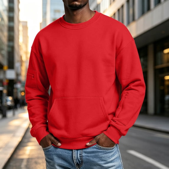 Mens Crewneck Sweatshirt with Pockets Lightweight Hoodless Tops Winter Casual Fashion Solid Sweatshirts