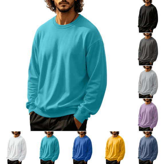 Mens Crewneck Sweatshirts Fashion Casual Long Sleeves Pure Color Pullover Fall Winter Lightweight Fleece Athletic Workout Pullover Turquoise 3XL