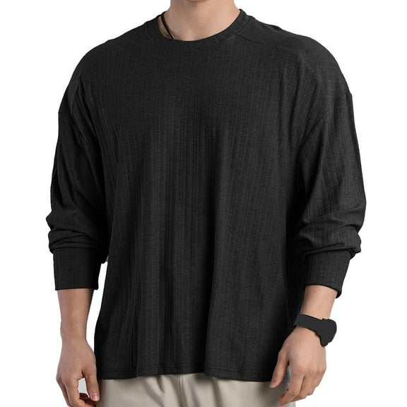 Mens Crewneck Sweatshirts Long Sleeve T-Shirts Casual Solid Pullover Side Slit High-Low Hem Basic Loungewear Athletic Workout Tees Tops