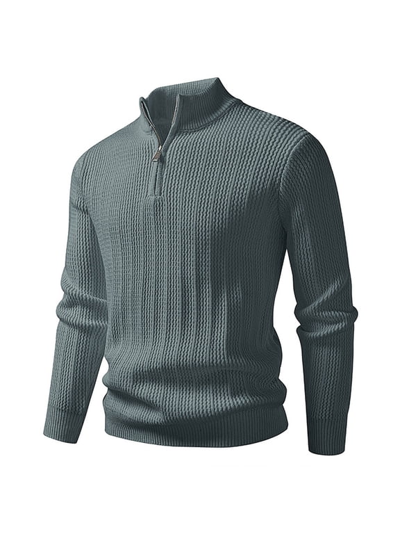 Mens Crochet Cable Knit Plain for Man Long Sleeve Collared Neck Sweater Brunch Fall Winter Half Zip Up 2026