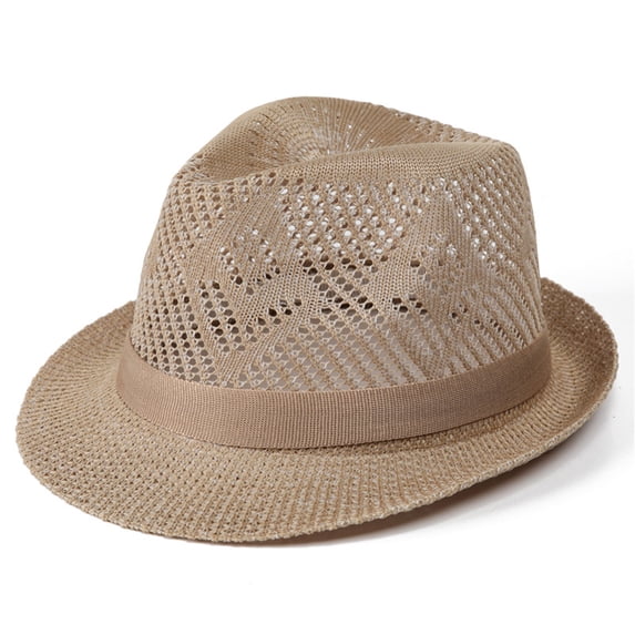 Mens Crochet Knitted Fedora Hats Breathable Hollow-Out Sun Protection Cap Casual Solid Color Lightweight Summer Beach Hat