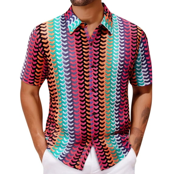 Mens Crochet Knitted Shirts Button Up Collared Short Sleeve Tshirts Shirt Casual Breathable Color-Block Hawaiian Beach T-Shirts Tees