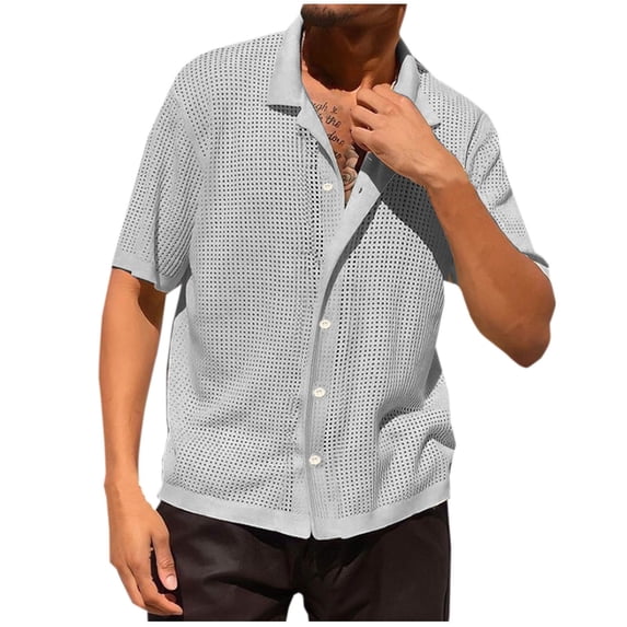 Mens Crochet Knitted Shirts Hollow-Out Short Sleeve Button-Down Collared Tshirts Shirt Casual Solid Color Breathable Summer Hawaiian Beach Tees Tops