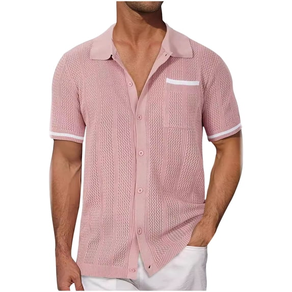 Mens Crochet Knitted Shirts with Pocket Hollow-Out Short Sleeve Tshirts Shirt Button-Down Collared Breathable Stretchy Slim Hawaiian Beach Tees Tops