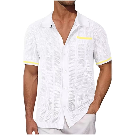 Mens Crochet Knitted Shirts with Pocket Hollow-Out Short Sleeve Tshirts Shirt Button-Down Collared Breathable Stretchy Slim Hawaiian Beach Tees Tops