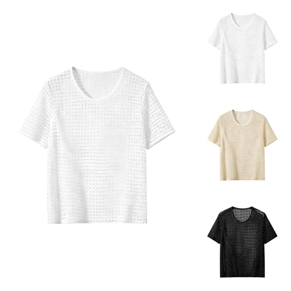 Mens Crochet Shirt Summer Lightweight Short Sleeve Loose Casual Crewneck Hollow out Knit T-Shirt Beach Shirts