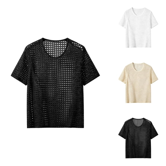 Mens Crochet Shirt Summer Lightweight Short Sleeve Loose Casual Crewneck Hollow out Knit T-Shirt Beach Shirts