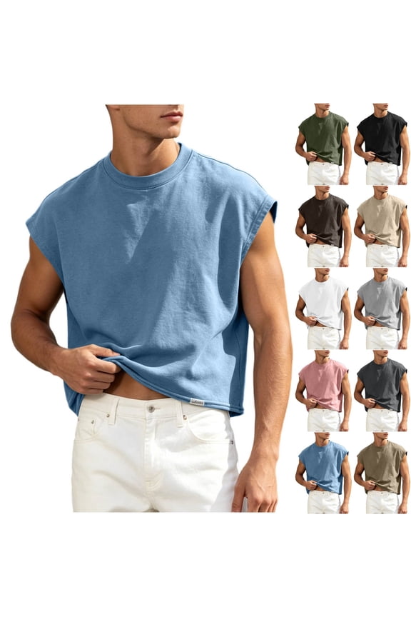 Mens Crop Vest Top Cap Sleeve Oversized Shirt Gym Tank Tops Cropped T Shirts Washed Cotton Crewneck Loose Pullover Tee Light Blue