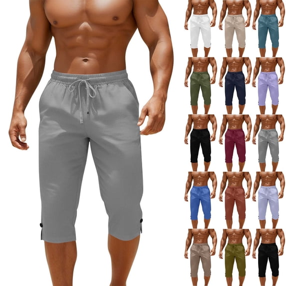 Mens Cropped Pants Drawstring Elastic Waist Capri Pants Casual Lightweight Jogger Pants Summer Breathable 3/4 Length Workout Lounge